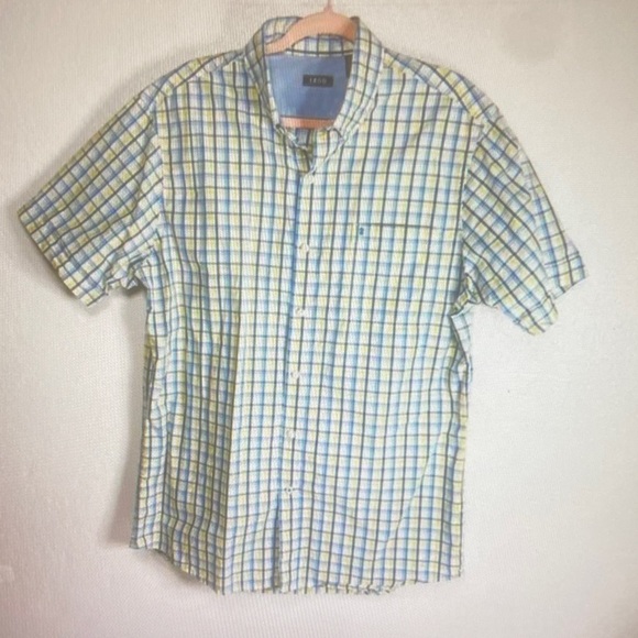 Izod Other - LZOD Shirt Mens Size LG Blue Yellow White Plaid Button Down Short Sleeve Pocket